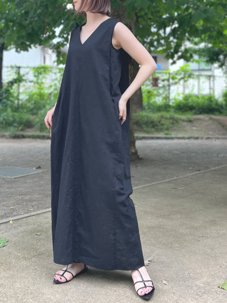 麻混Vネックワンピース