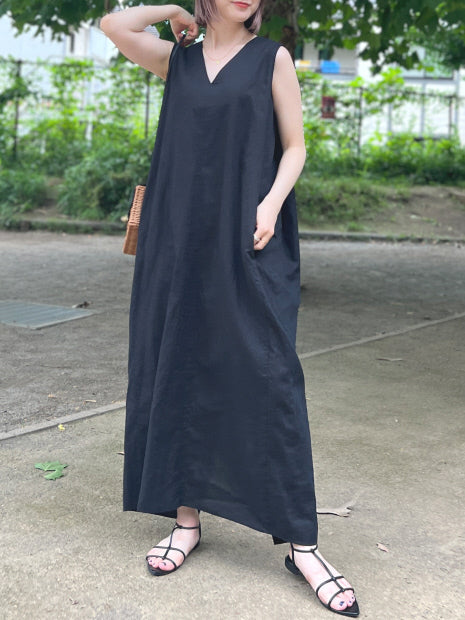 麻混Vネックワンピース