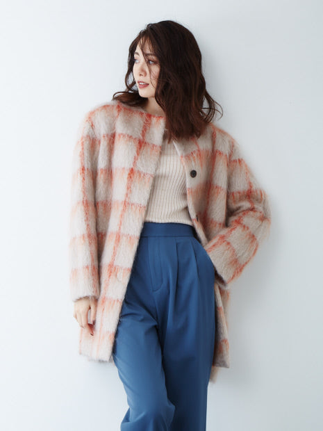 チェックモヘアシャギーコート