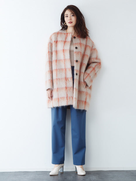チェックモヘアシャギーコート