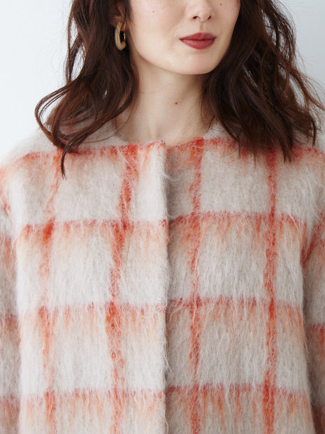 チェックモヘアシャギーコート