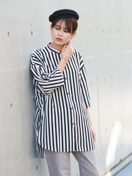 スタンドカラーロングシャツ