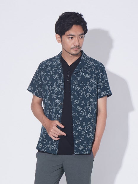 Leaf pattern オープンカラー 半袖 シャツ