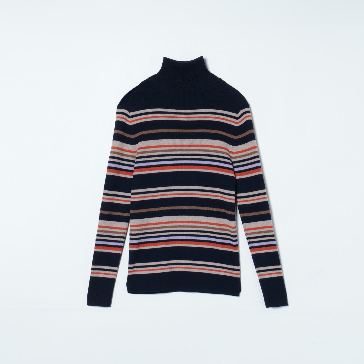 【手洗い可能】エクストラファインメリノウール マルチボーダーリブタートルネックニット