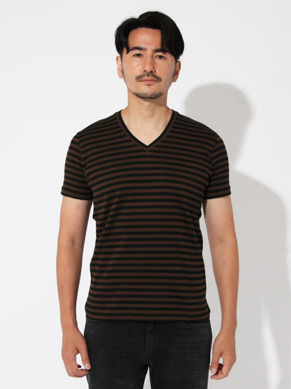 針抜きフライスボーダーVネックTシャツ