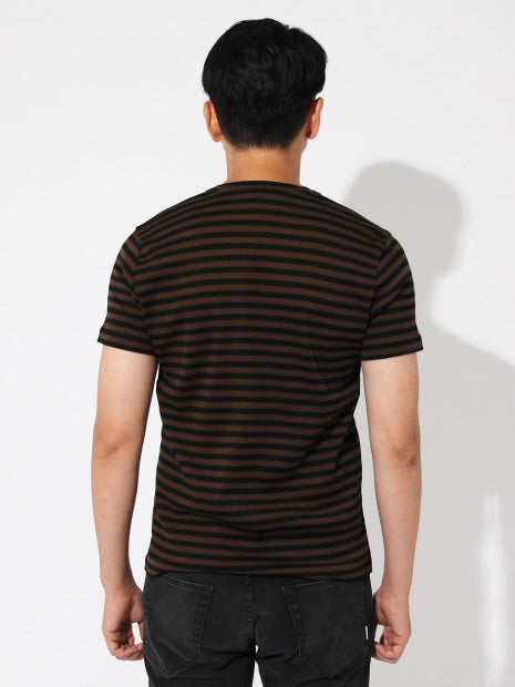 針抜きフライスボーダーVネックTシャツ