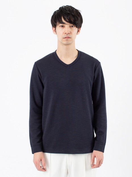 撚り杢ツイル Vネック 長袖 Tシャツ