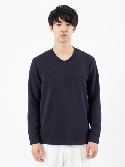 撚り杢ツイル Vネック 長袖 Tシャツ