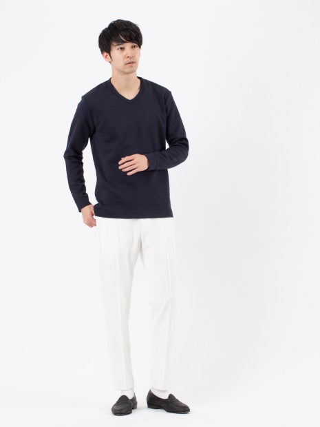 撚り杢ツイル Vネック 長袖 Tシャツ