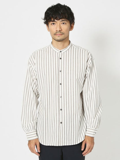 ナチュラル コットン バンドカラー ストライプ シャツ