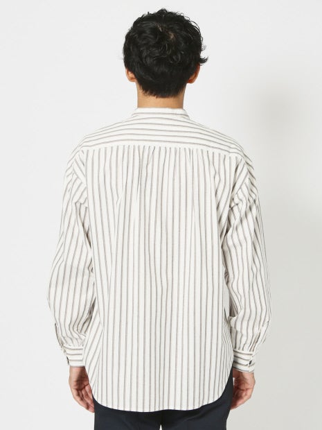 ナチュラル コットン バンドカラー ストライプ シャツ