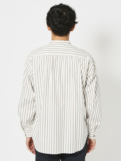 ナチュラル コットン バンドカラー ストライプ シャツ