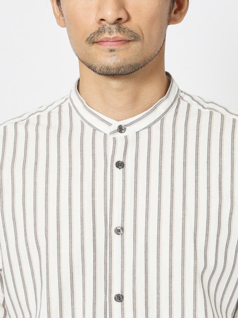 ナチュラル コットン バンドカラー ストライプ シャツ