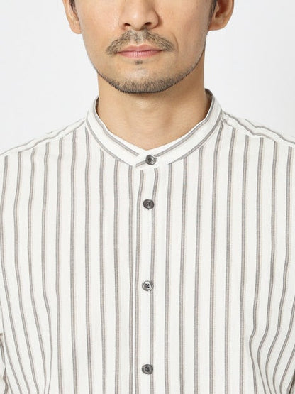 ナチュラル コットン バンドカラー ストライプ シャツ