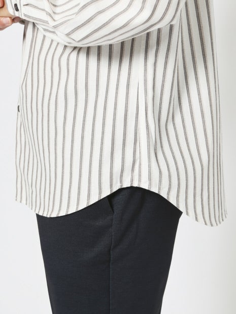 ナチュラル コットン バンドカラー ストライプ シャツ