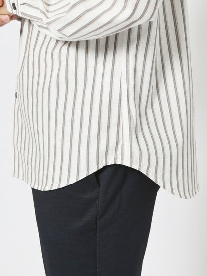 ナチュラル コットン バンドカラー ストライプ シャツ