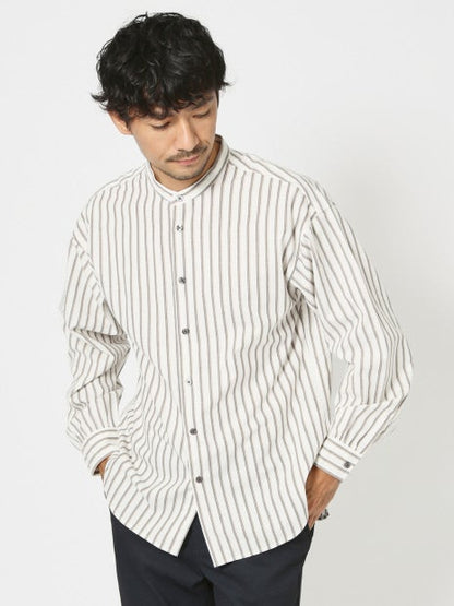 ナチュラル コットン バンドカラー ストライプ シャツ