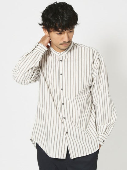 ナチュラル コットン バンドカラー ストライプ シャツ