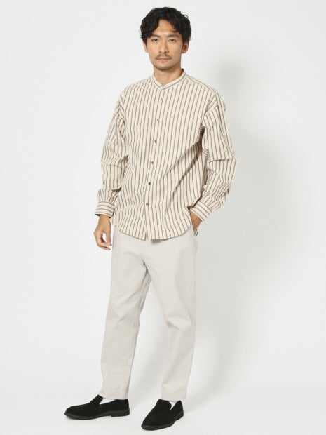 ナチュラル コットン バンドカラー ストライプ シャツ