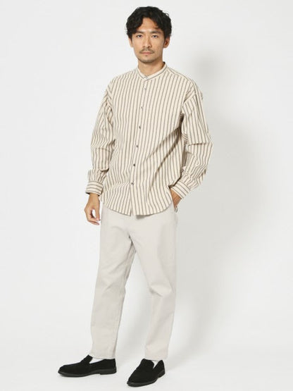 ナチュラル コットン バンドカラー ストライプ シャツ