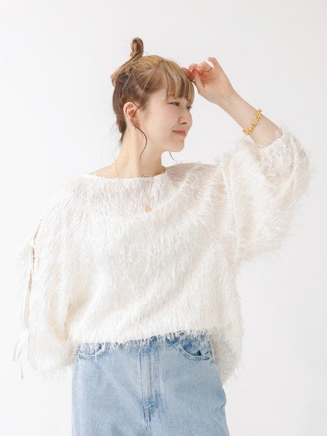 フェザージャガードスリーブリボンブラウス