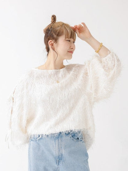 フェザージャガードスリーブリボンブラウス