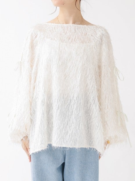 フェザージャガードスリーブリボンブラウス