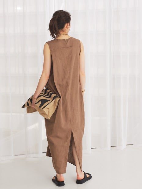 麻混Vネックワンピース