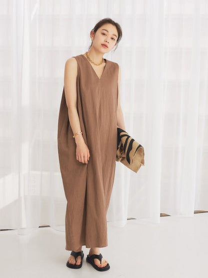 麻混Vネックワンピース