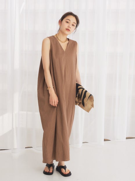 麻混Vネックワンピース