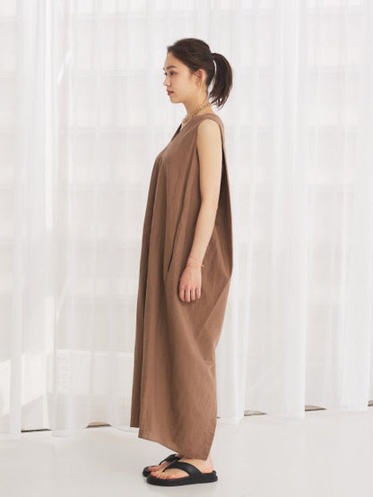 麻混Vネックワンピース