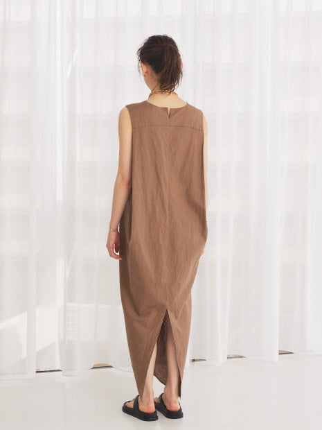 麻混Vネックワンピース