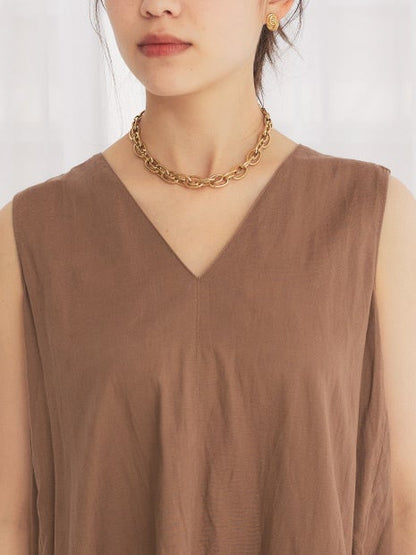 麻混Vネックワンピース