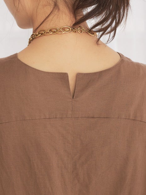 麻混Vネックワンピース