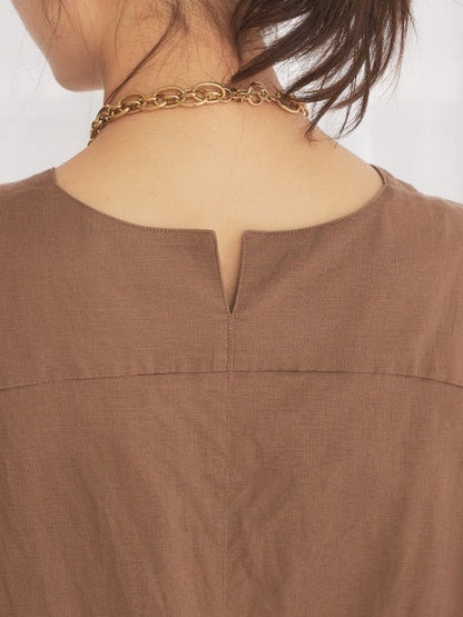 麻混Vネックワンピース