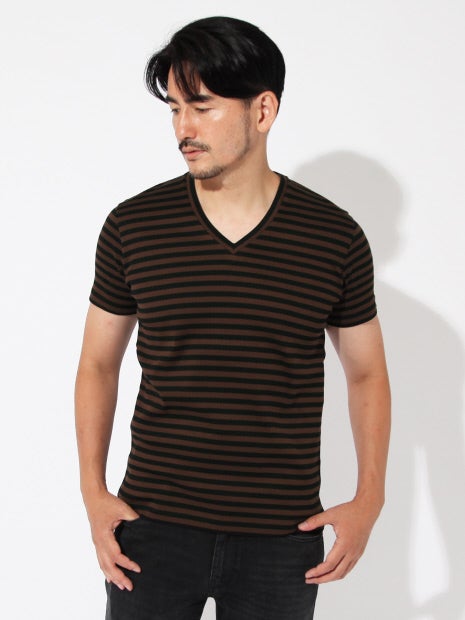 針抜きフライスボーダーVネックTシャツ