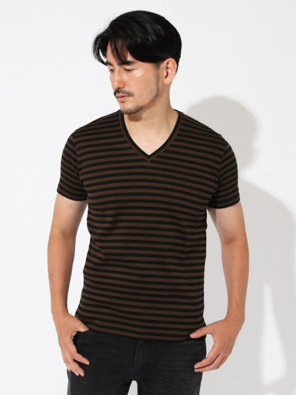 針抜きフライスボーダーVネックTシャツ