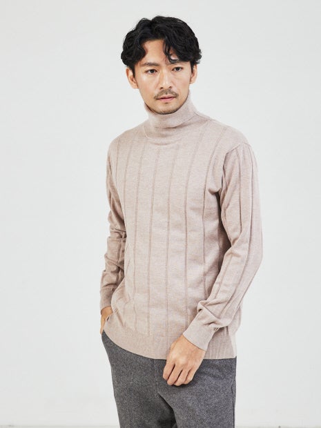 【カシミアタッチ】シャドーストライプ タートルネック ニット