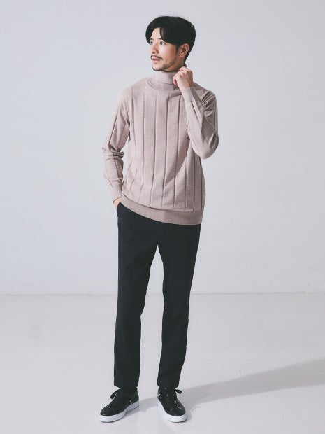 【カシミアタッチ】シャドーストライプ タートルネック ニット