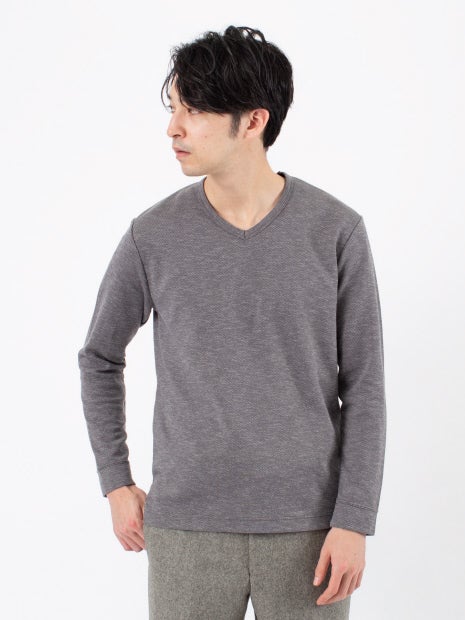撚り杢ツイル Vネック 長袖 Tシャツ