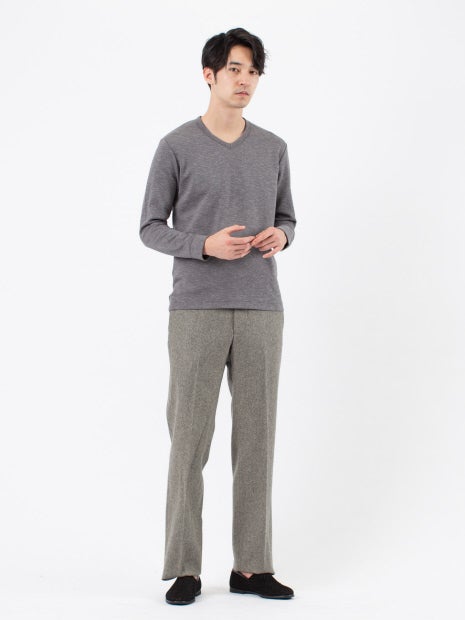 撚り杢ツイル Vネック 長袖 Tシャツ