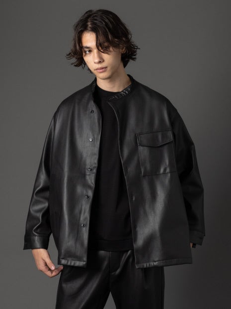 【MYSELF ABAHOUSE】ネオレザー バンドカラー シャツ