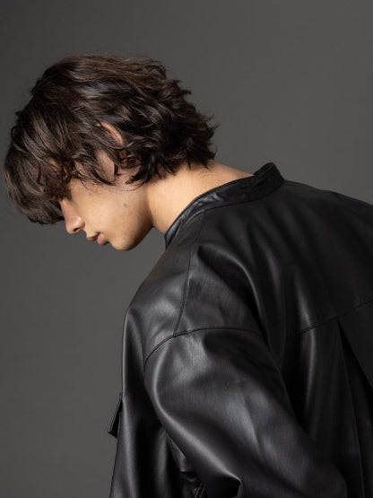 【MYSELF ABAHOUSE】ネオレザー バンドカラー シャツ