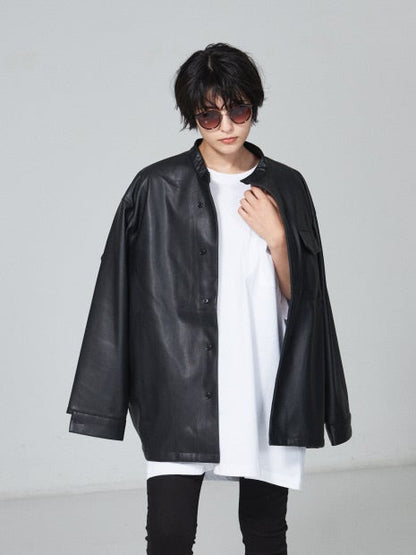 【MYSELF ABAHOUSE】ネオレザー バンドカラー シャツ