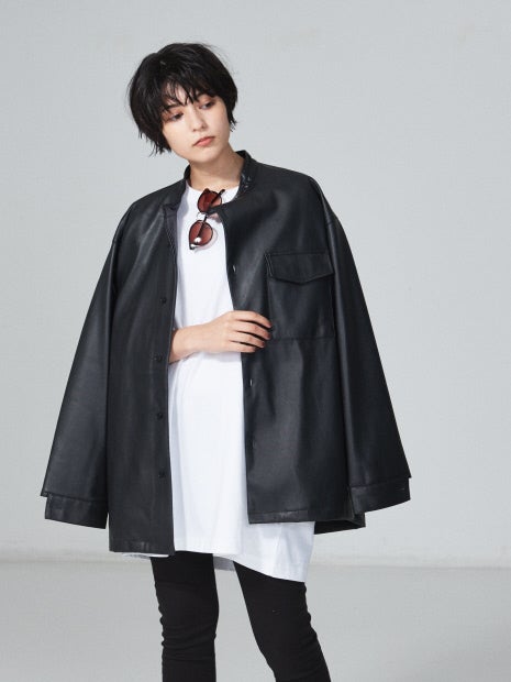 【MYSELF ABAHOUSE】ネオレザー バンドカラー シャツ