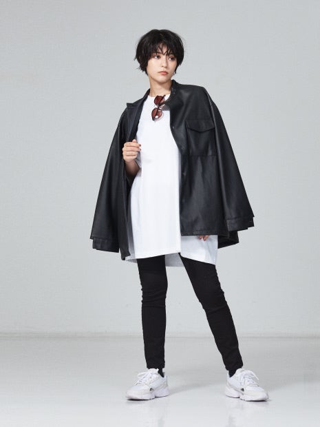 【MYSELF ABAHOUSE】ネオレザー バンドカラー シャツ