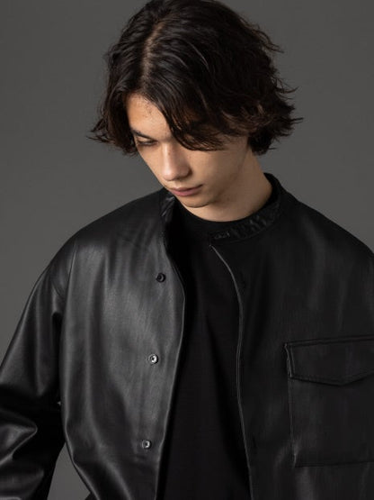 【MYSELF ABAHOUSE】ネオレザー バンドカラー シャツ