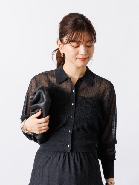 【セットアップ対応】シアー格子リブニットカーディガン