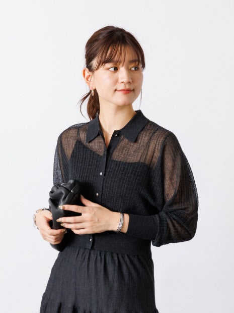 【セットアップ対応】シアー格子リブニットカーディガン