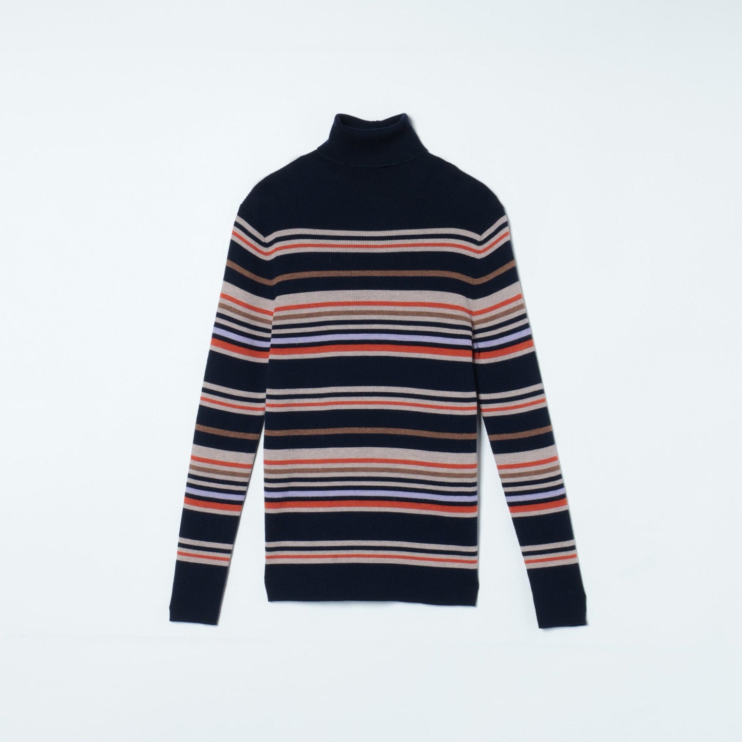 【手洗い可能】エクストラファインメリノウール マルチボーダーリブタートルネックニット